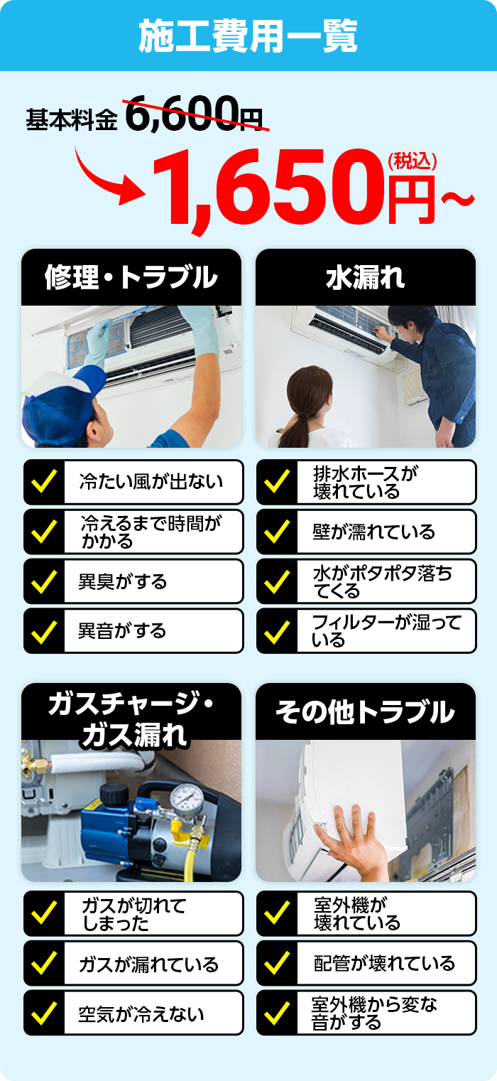 ➀修理・トラブル:冷たい風が出ない/冷えるまで時間がかかる/異臭がする/異音がする➁水漏れ:排水ホースが壊れている/壁が濡れている/水がポタポタ落ちてくる/フィルターが湿っている➂ガスチャージ・ガス漏れ:ガスが切れてしまった/ガスが漏れている/空気が冷えない➃その他トラブル:室外機が壊れている/配管が壊れている/室外機から変な音がする